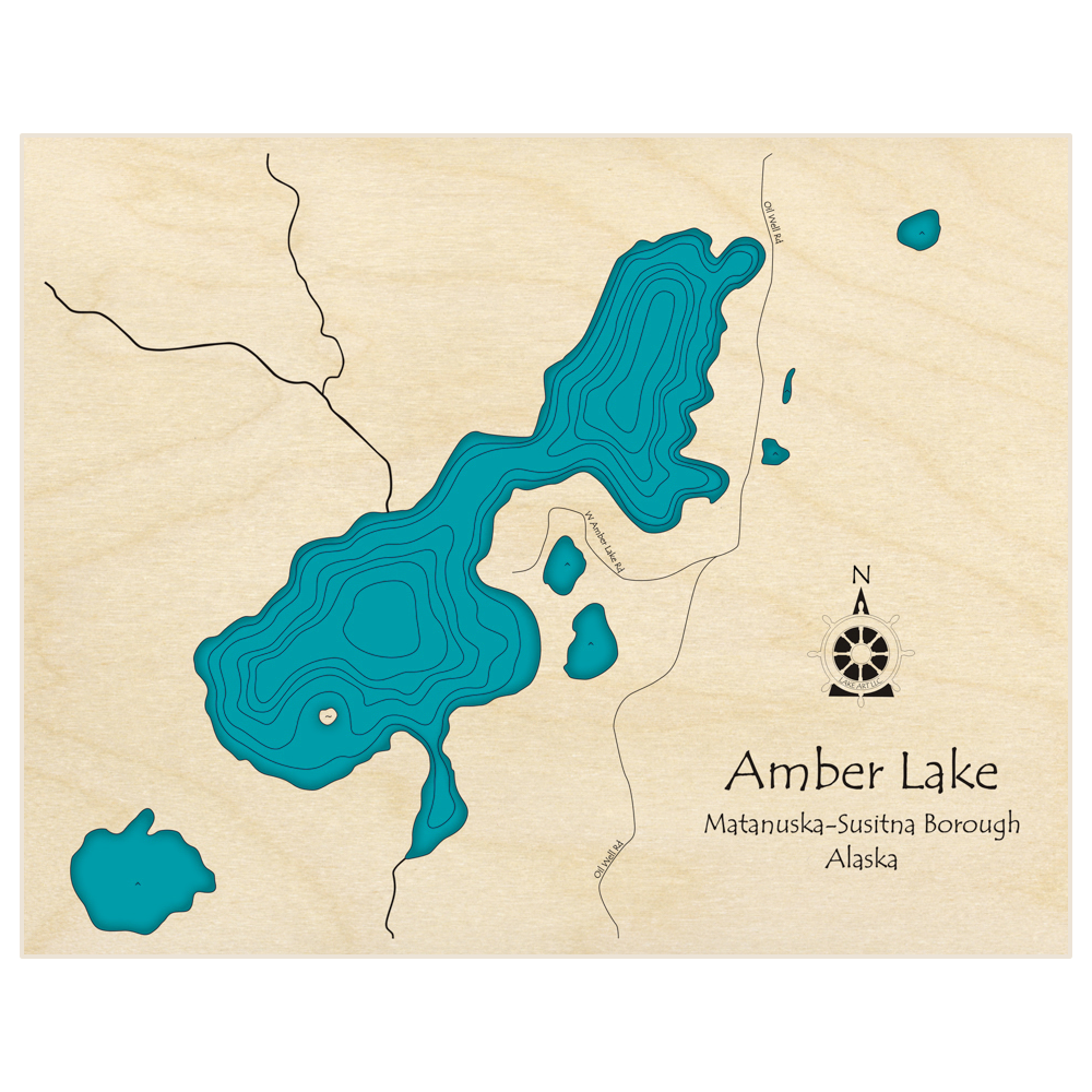 Bathymetric topo map of Amber Lake with roads, towns and depths noted in blue water