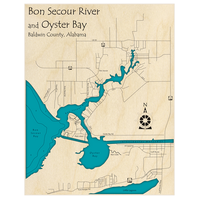 Bathymetric topo map of Bon Secour River and Oyster Bay with roads, towns and depths noted in blue water