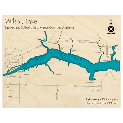 Bathymetric topo map of Wilson Lake with roads, towns and depths noted in blue water