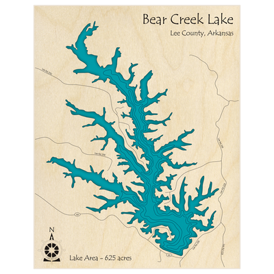 Bathymetric topo map of Bear Creek Lake  with roads, towns and depths noted in blue water