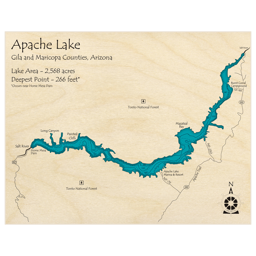 Bathymetric topo map of Apache Lake with roads, towns and depths noted in blue water