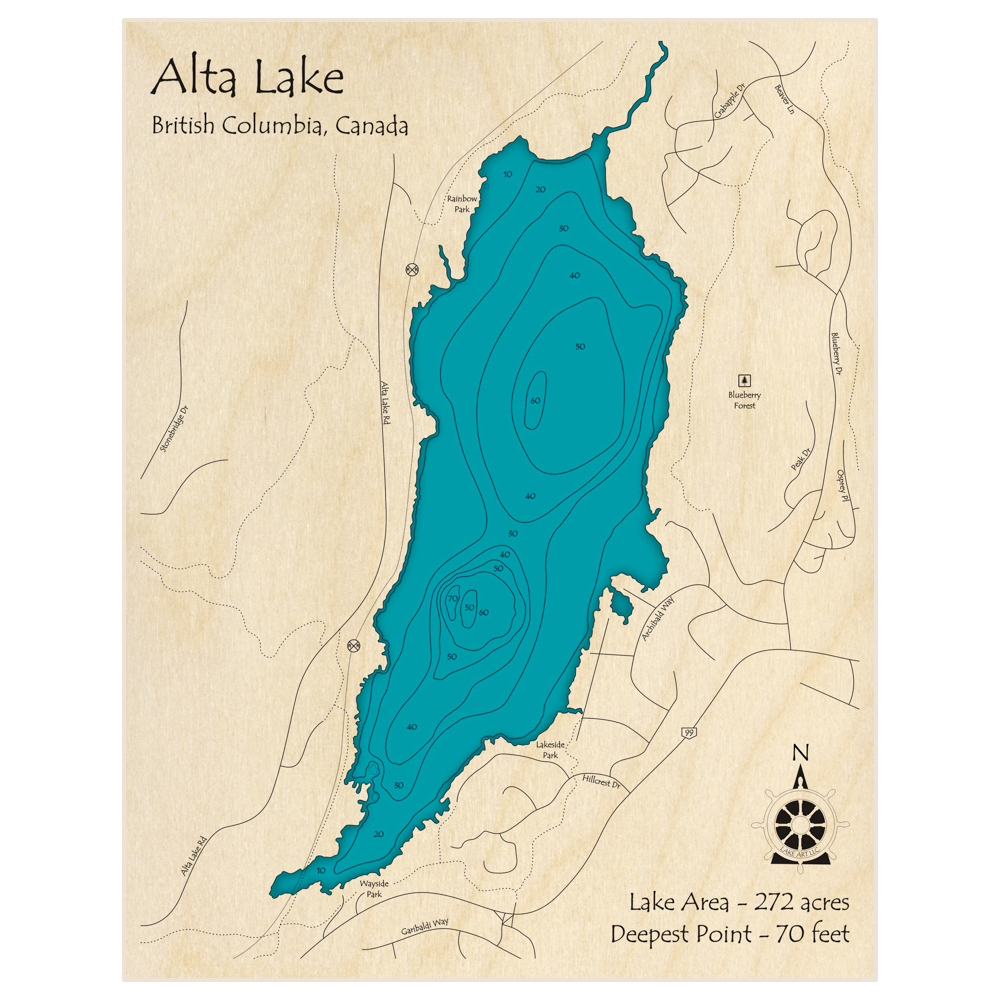 Bathymetric topo map of Alta Lake (in feet) with roads, towns and depths noted in blue water