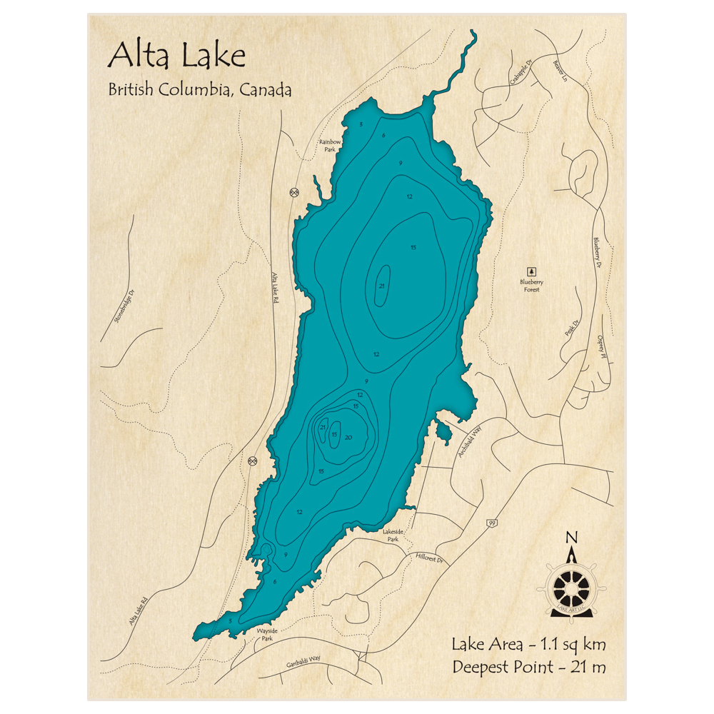 Bathymetric topo map of Alta Lake (in meters) with roads, towns and depths noted in blue water