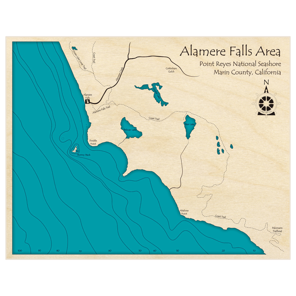 Bathymetric topo map of Alamere Falls Area with roads, towns and depths noted in blue water