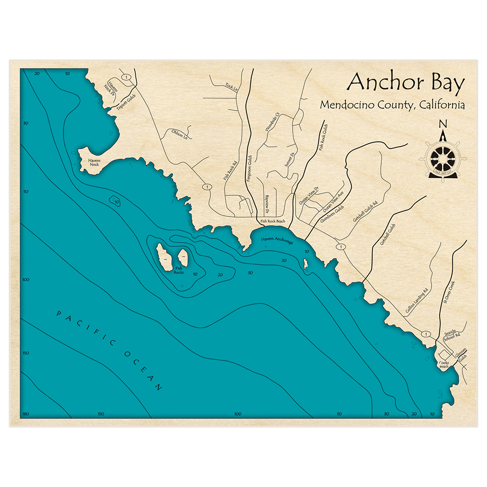 Bathymetric topo map of Anchor Bay with roads, towns and depths noted in blue water