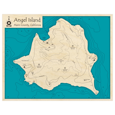 Bathymetric topo map of Angel Island with roads, towns and depths noted in blue water