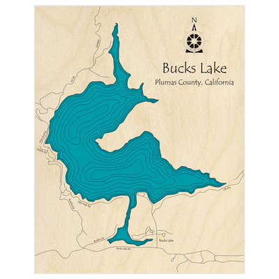 Bathymetric topo map of Bucks Lake  with roads, towns and depths noted in blue water