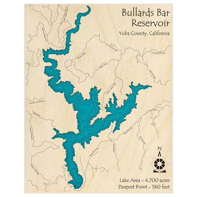 Bathymetric topo map of Bullards Bar Reservoir with roads, towns and depths noted in blue water