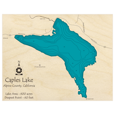 Bathymetric topo map of Caples Lake with roads, towns and depths noted in blue water