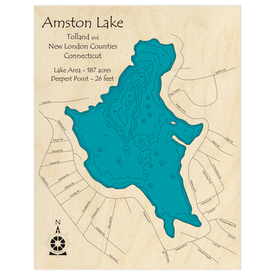 Bathymetric topo map of Amston Lake with roads, towns and depths noted in blue water