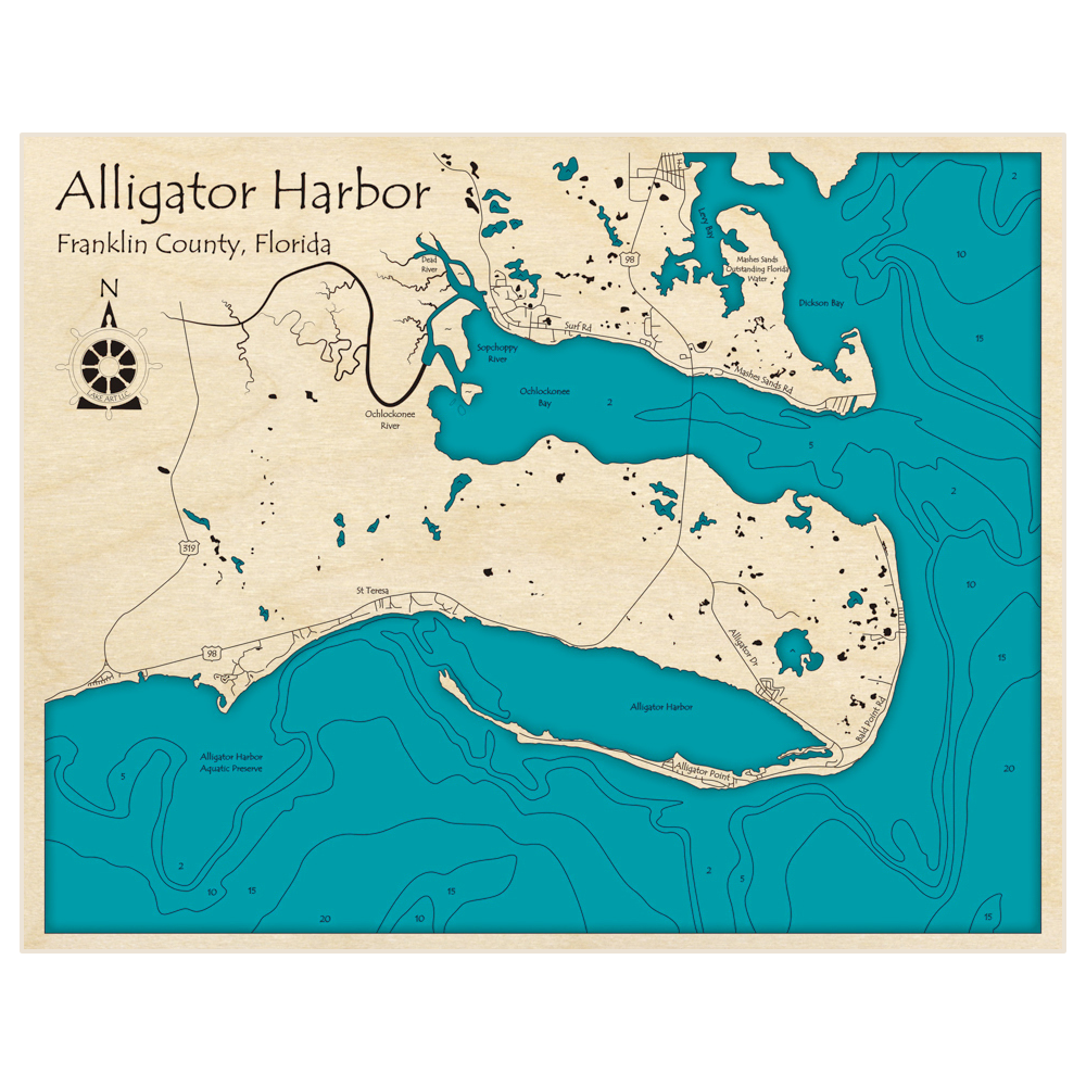 Bathymetric topo map of Alligator Harbor with roads, towns and depths noted in blue water