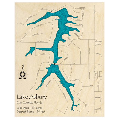 Bathymetric topo map of Asbury Lake with roads, towns and depths noted in blue water