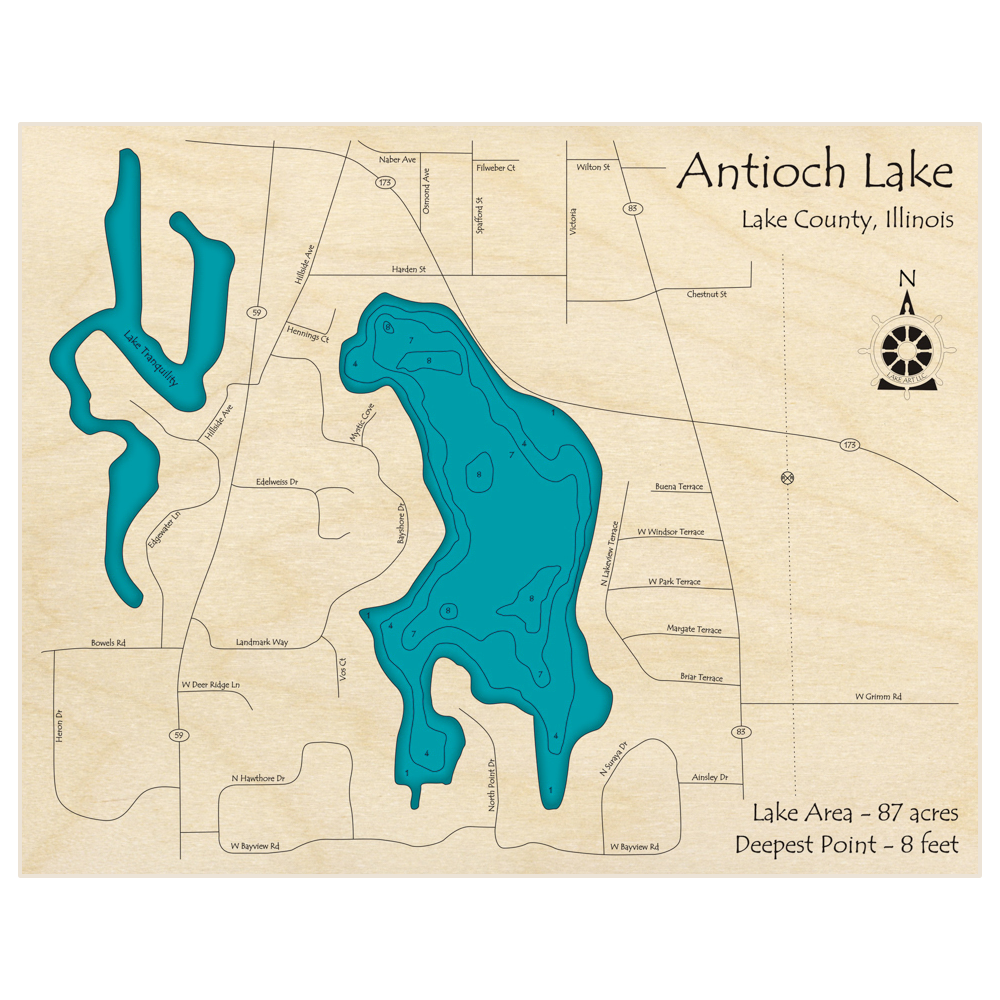 Bathymetric topo map of Antioch Lake with roads, towns and depths noted in blue water