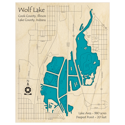 Bathymetric topo map of Wolf Lake with roads, towns and depths noted in blue water