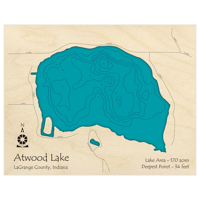 Bathymetric topo map of Atwood Lake with roads, towns and depths noted in blue water