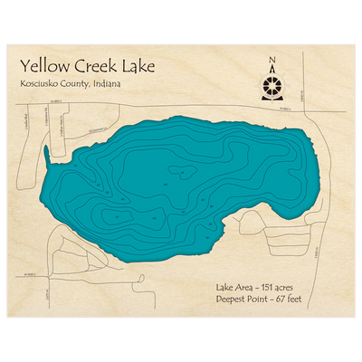 Bathymetric topo map of Yellow Creek Lake with roads, towns and depths noted in blue water