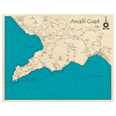 Bathymetric topo map of Amalfi Coast with roads, towns and depths noted in blue water