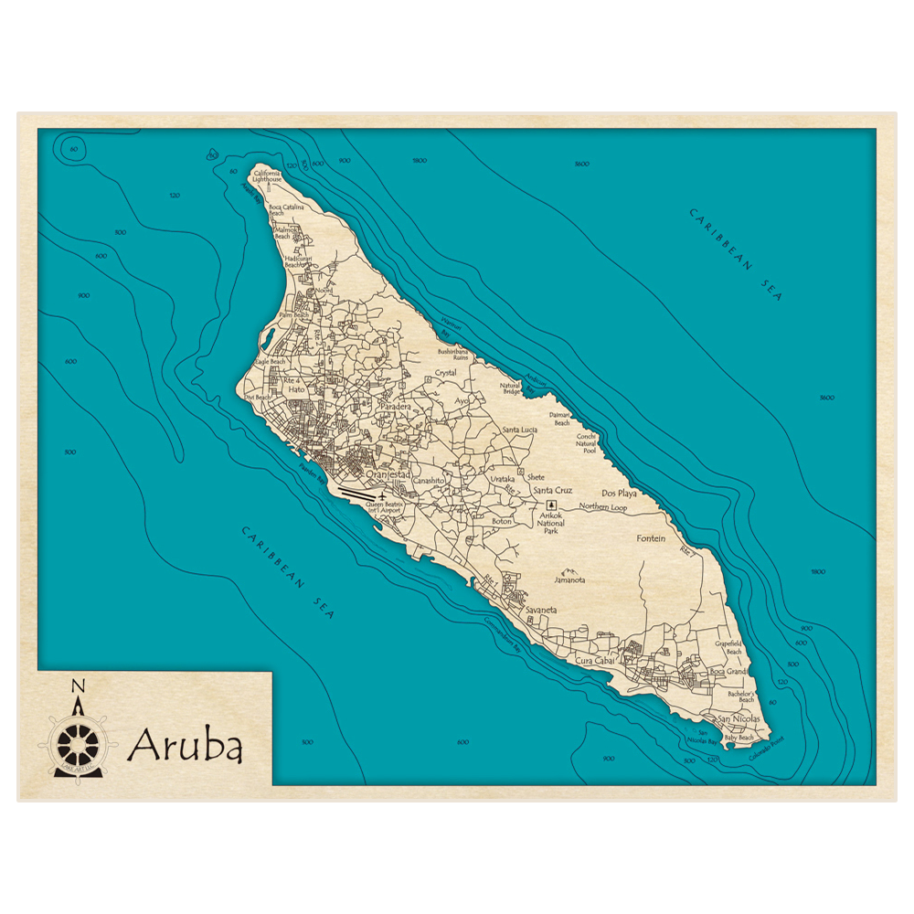 Bathymetric topo map of Aruba with roads, towns and depths noted in blue water