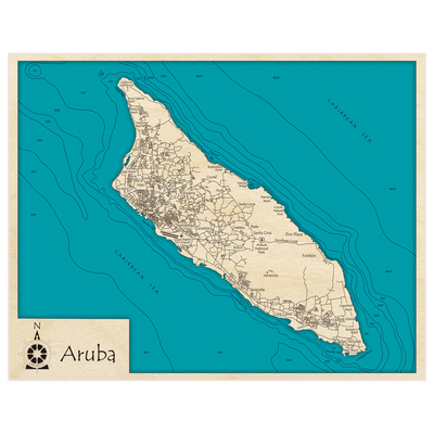 Bathymetric topo map of Aruba with roads, towns and depths noted in blue water