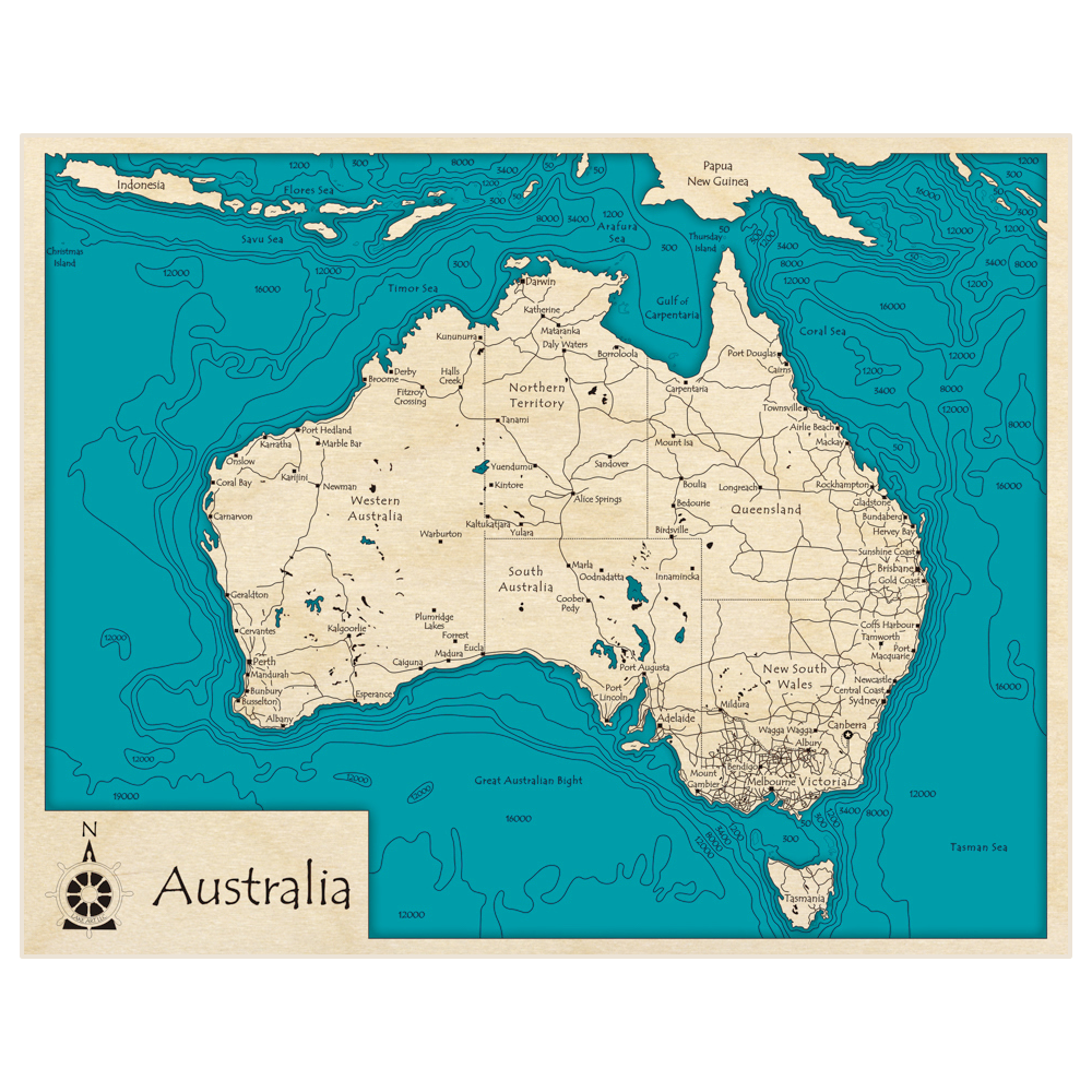 Bathymetric topo map of Australia (Entire Country) with roads, towns and depths noted in blue water