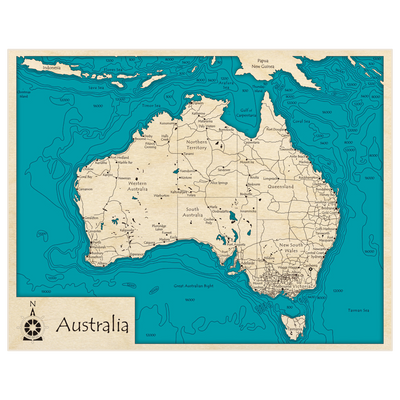 Bathymetric topo map of Australia (Entire Country) with roads, towns and depths noted in blue water