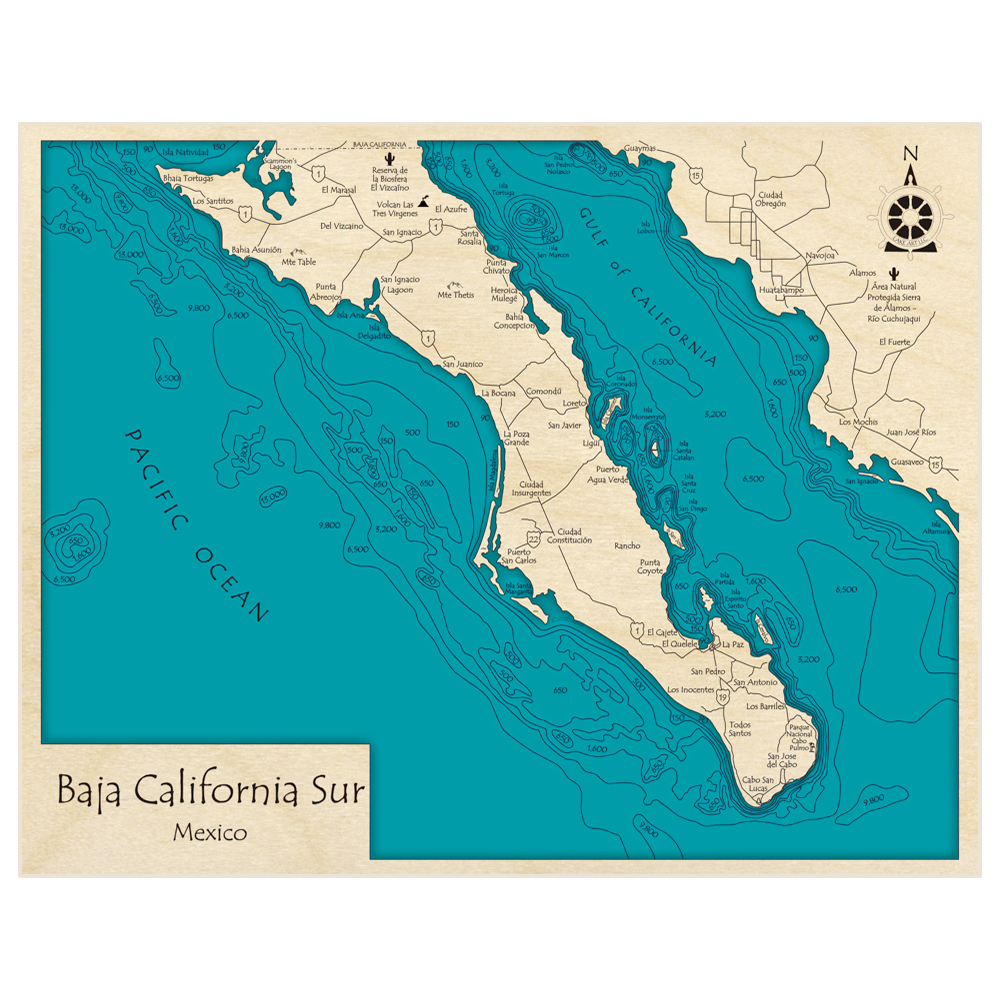 Bathymetric topo map of Baja California Sur (south half) with roads, towns and depths noted in blue water