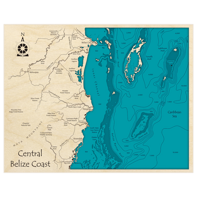 Bathymetric topo map of Central Belize Coast (Placencia to Belize City) with roads, towns and depths noted in blue water