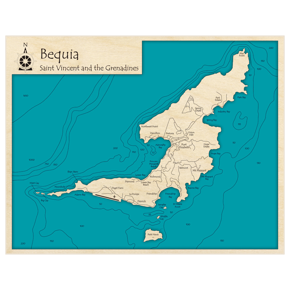 Bathymetric topo map of Bequia with roads, towns and depths noted in blue water