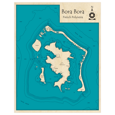 Bathymetric topo map of Bora Bora with roads, towns and depths noted in blue water