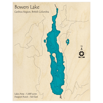 Bathymetric topo map of Bowers Lake with roads, towns and depths noted in blue water