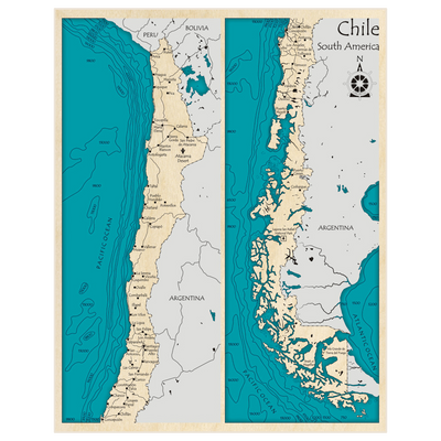 Bathymetric topo map of Chile (Two Panel Split Map) with roads, towns and depths noted in blue water