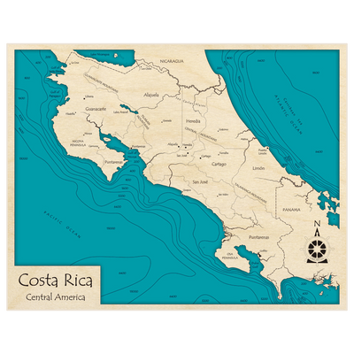 Bathymetric topo map of Costa Rica with roads, towns and depths noted in blue water