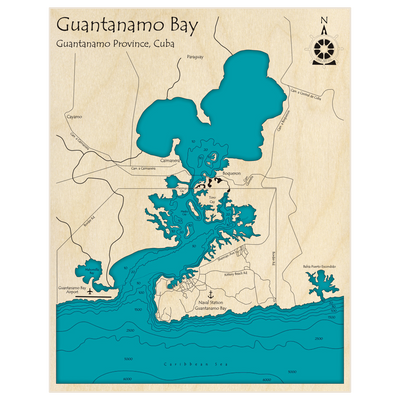 Bathymetric topo map of Guantanamo Bay with roads, towns and depths noted in blue water