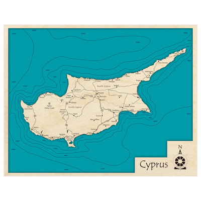 Bathymetric topo map of Cyprus (North and South) with roads, towns and depths noted in blue water