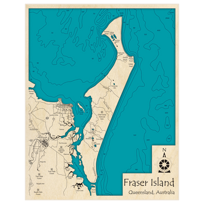 Bathymetric topo map of Fraser Island with roads, towns and depths noted in blue water