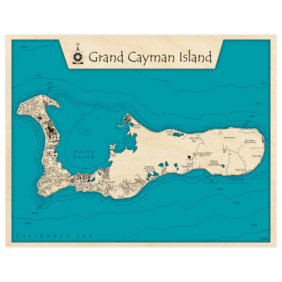 Bathymetric topo map of Grand Cayman Island with roads, towns and depths noted in blue water