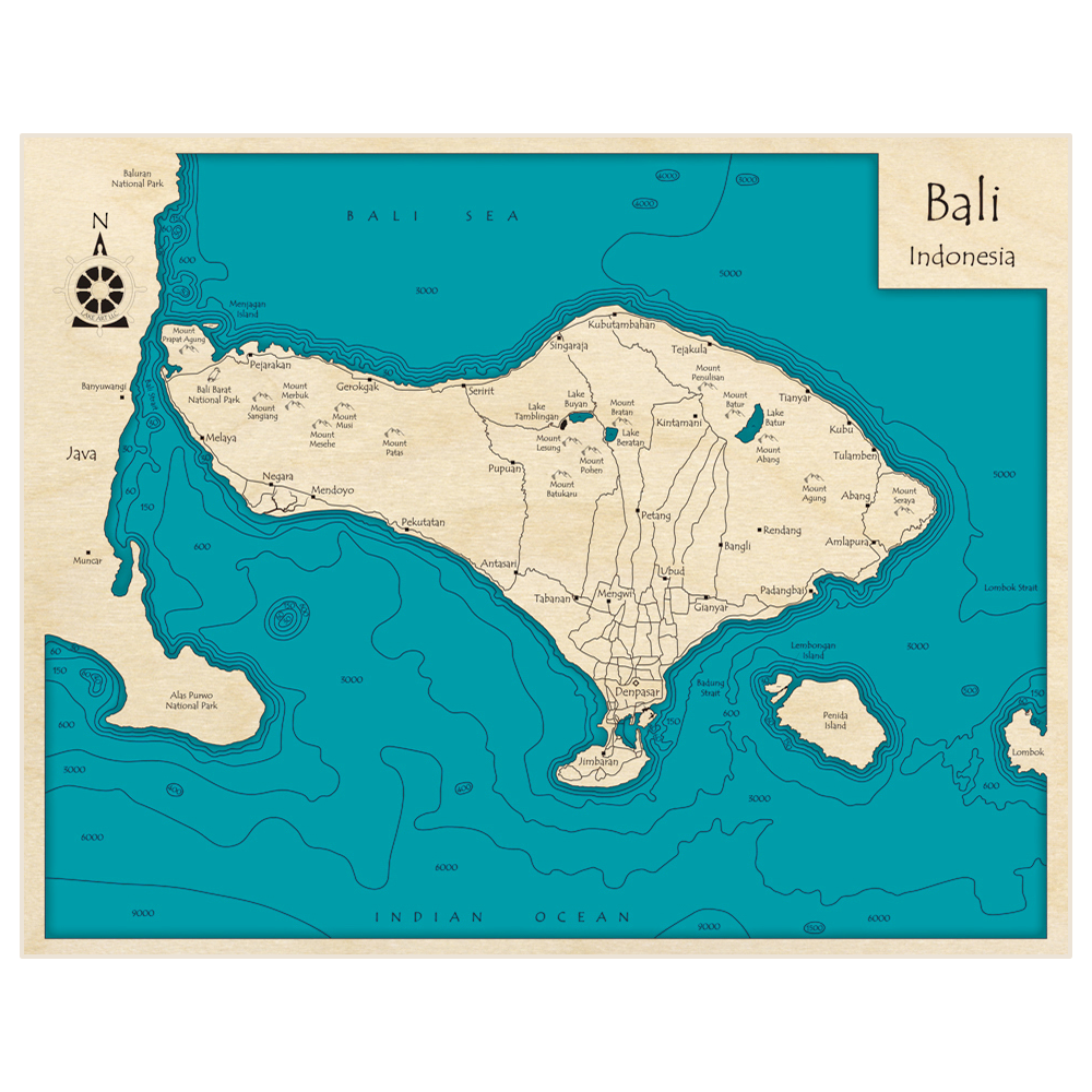 Bathymetric topo map of Bali with roads, towns and depths noted in blue water