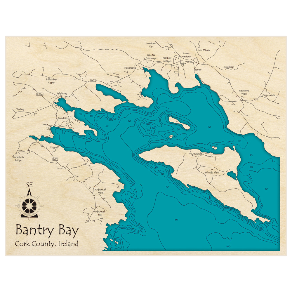 Bathymetric topo map of Bantry Bay (rotated with South East at top, zoomed in at Whiddy Island) with roads, towns and depths noted in blue water