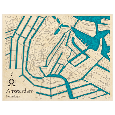 Bathymetric topo map of Amsterdam with roads, towns and depths noted in blue water