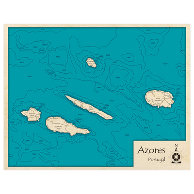 Bathymetric topo map of Azores Islands (Faial, Pico, Jorge, Graciosa, Terceira) with roads, towns and depths noted in blue water