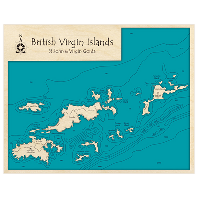 Bathymetric topo map of British Virgin Islands (St John to Virgin Gorda) (Without Anegada) with roads, towns and depths noted in blue water