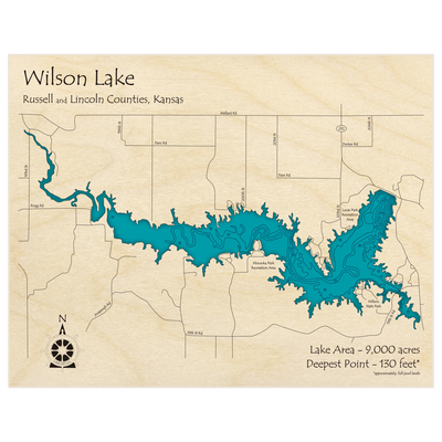 Bathymetric topo map of Wilson Lake with roads, towns and depths noted in blue water