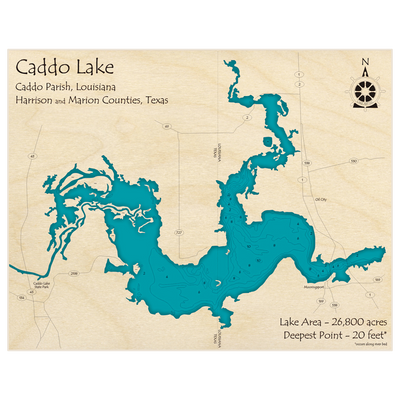 Bathymetric topo map of Caddo Lake with roads, towns and depths noted in blue water