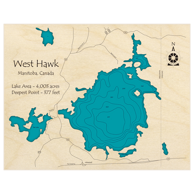 Bathymetric topo map of West Hawk Lake with roads, towns and depths noted in blue water