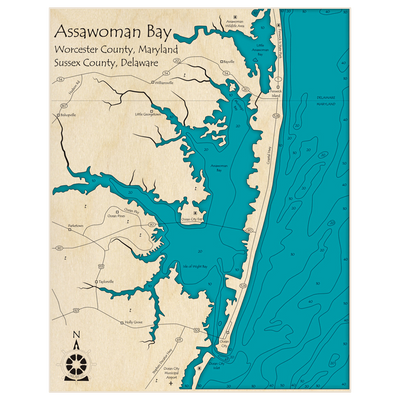 Bathymetric topo map of Assawoman Bay with roads, towns and depths noted in blue water