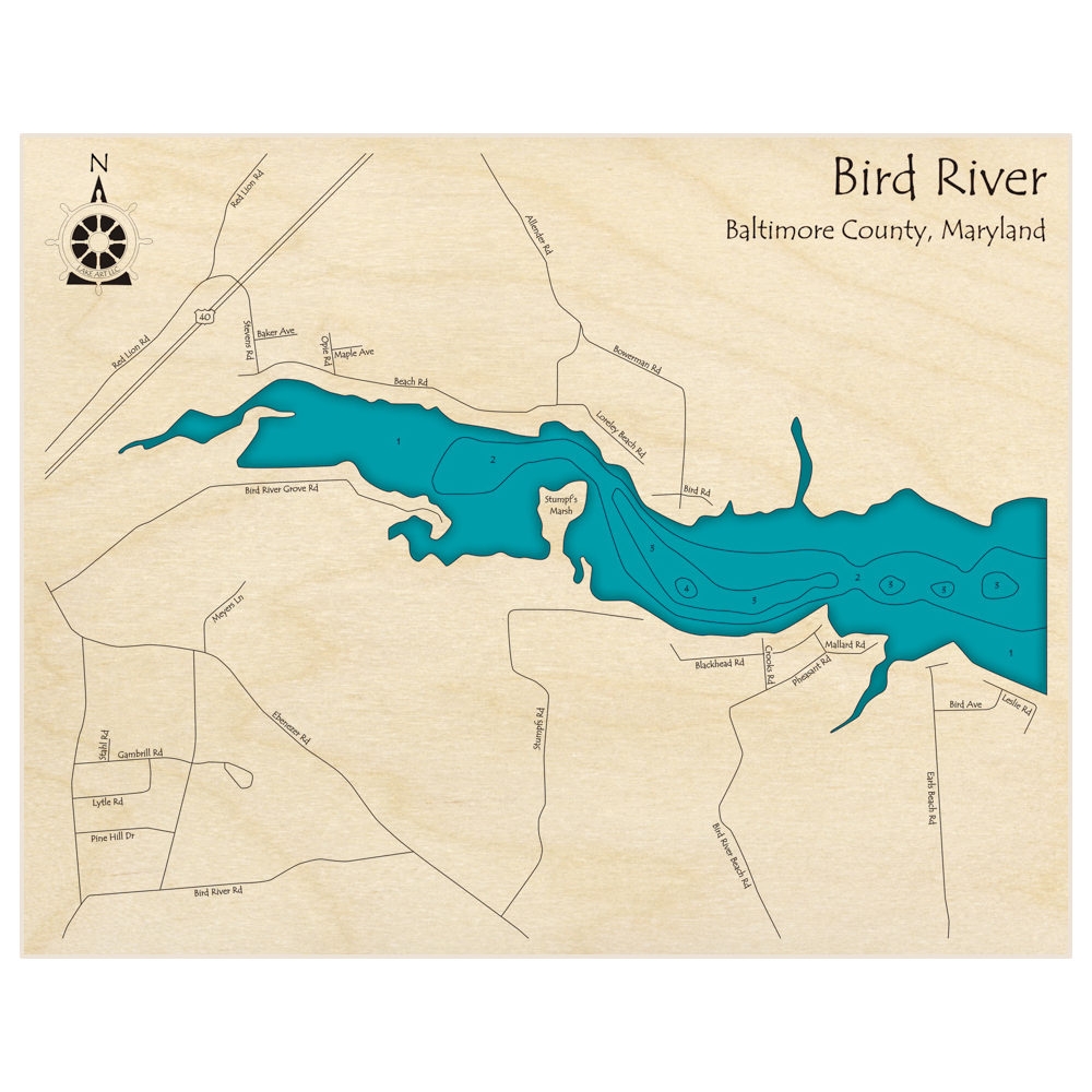 Bathymetric topo map of A Section of Bird River near Highway 40 with roads, towns and depths noted in blue water