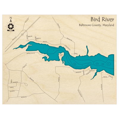 Bathymetric topo map of A Section of Bird River near Highway 40 with roads, towns and depths noted in blue water