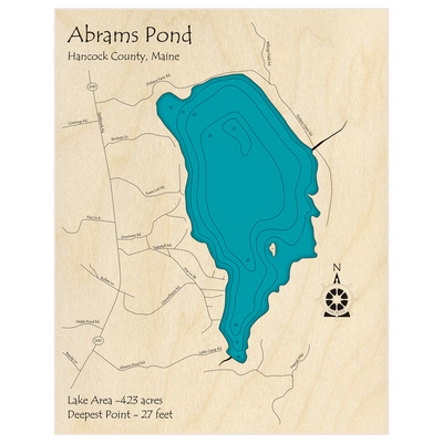 Bathymetric topo map of Abrams Pond with roads, towns and depths noted in blue water