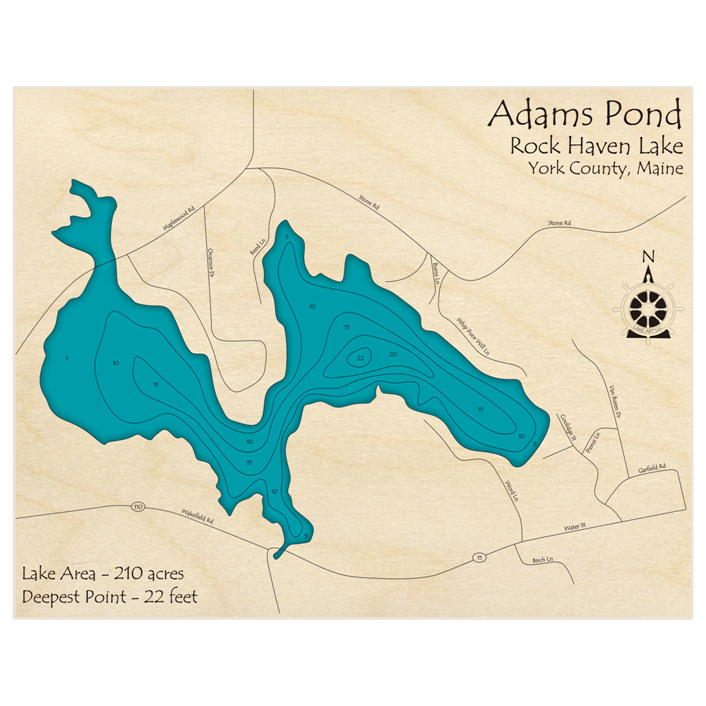 Bathymetric topo map of Adams Pond (Rock Haven Lake) with roads, towns and depths noted in blue water