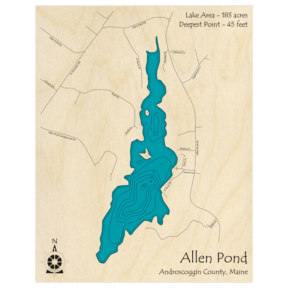 Bathymetric topo map of Allen Pond with roads, towns and depths noted in blue water